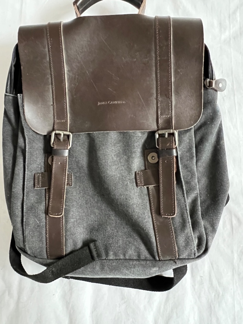 John Campbell Backpack Grey Canvas Padded Straps Laptop Pocket Leather Flap